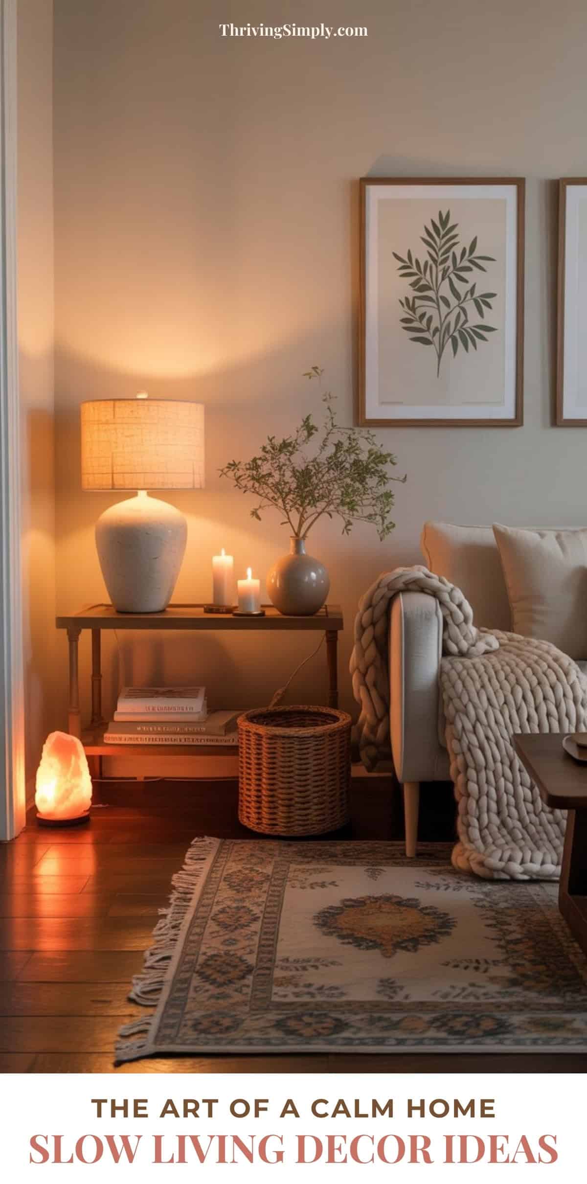 A cozy living room with warm lighting, a lamp, candles, framed botanical art, a woven basket, chunky knit blanket on the sofa, patterned rug, and Himalayan salt lamp—perfect slow living decor ideas. Text: Slow Living Decor Ideas.