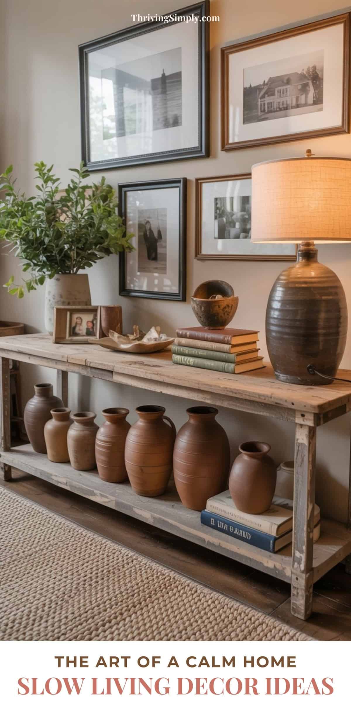 A rustic console table holds clay vases, stacked books, a lamp, and a leafy plant. Black-and-white framed photos hang above, creating calm, earthy slow living decor. Text reads: “The Art of a Calm Home: Slow Living Decor Ideas.”.