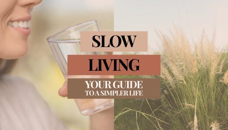 A woman smiling while holding a glass of water, next to tall grass. Overlaid text reads: Slow Living Guide. Your guide to embracing a simpler life.