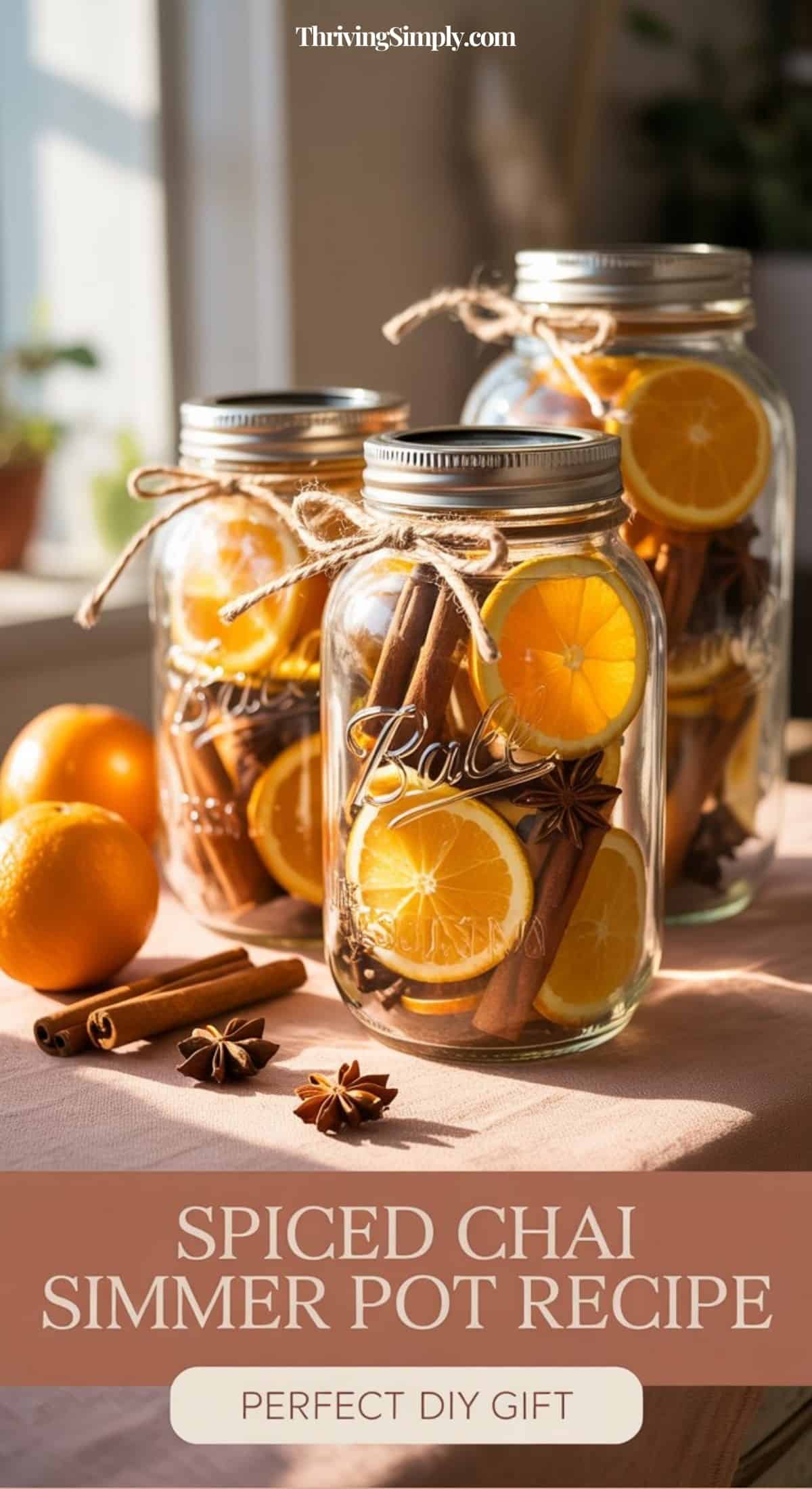 Three glass jars filled with dried orange slices, cinnamon sticks, and star anise sit on a table. Fresh oranges and spices are nearby. Text reads: Chai Simmer Pot Recipe – the perfect DIY gift for cozy, spiced fragrance all season.