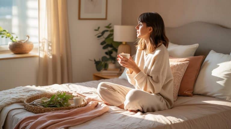 A woman in cozy loungewear sits cross-legged on a neatly made bed, holding a mug and gazing thoughtfully out a sunlit window—embracing holistic living. A tray with greenery and candles rests beside her, setting the mood for a start holistic lifestyle.