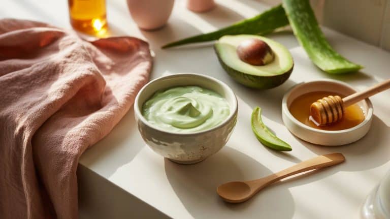 A bowl of creamy green avocado DIY facial mask sits on a white surface, surrounded by an avocado half, aloe vera leaf, honey in a dish with dipper, a wooden spoon, and a pink cloth in soft natural light.