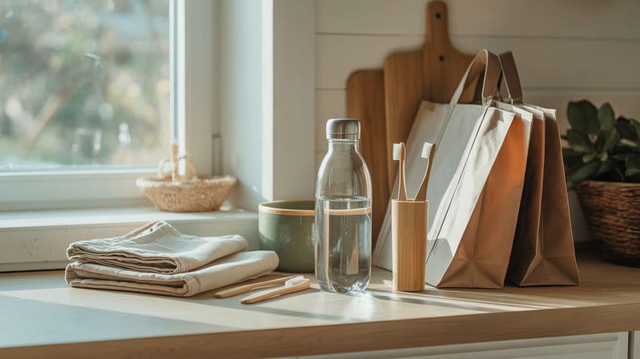 A kitchen counter displays Sustainable Swaps like folded cloths, a reusable water bottle, bamboo toothbrushes in a holder, wooden utensils, a bowl, and paper bags, with sunlight streaming through a nearby window.