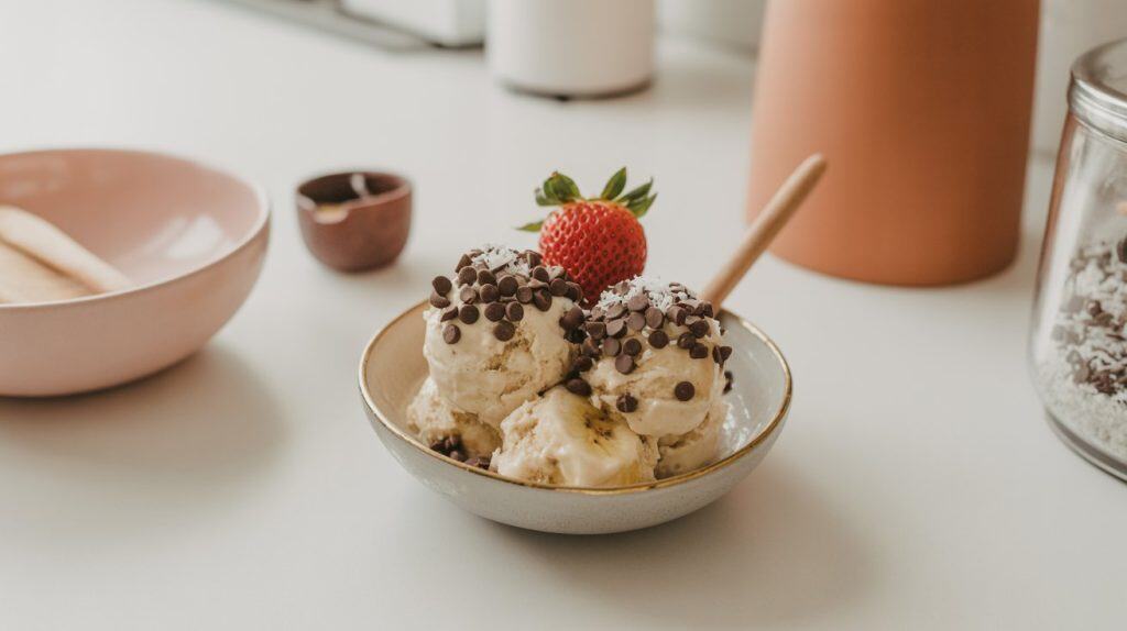 A bowl of Banana Nice Cream topped with chocolate chips and shredded coconut, garnished with a fresh strawberry. There is a wooden spoon in the bowl, and various kitchen items are on the white countertop in the background—a clean eating dessert.