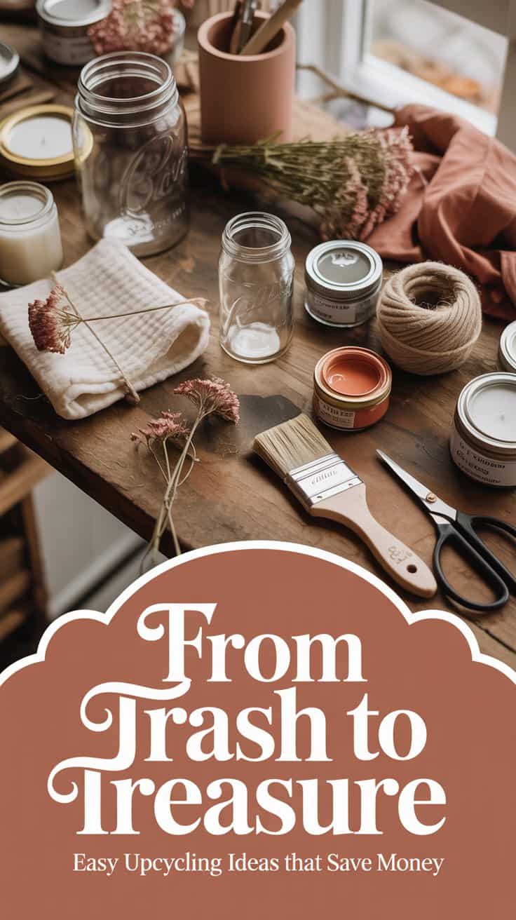 A wooden table displays upcycling supplies like jars, paint, twine, dried flowers, brushes, scissors, and cloth. Text overlay reads: From Trash to Treasure: Easy upcycling ideas that save money.
