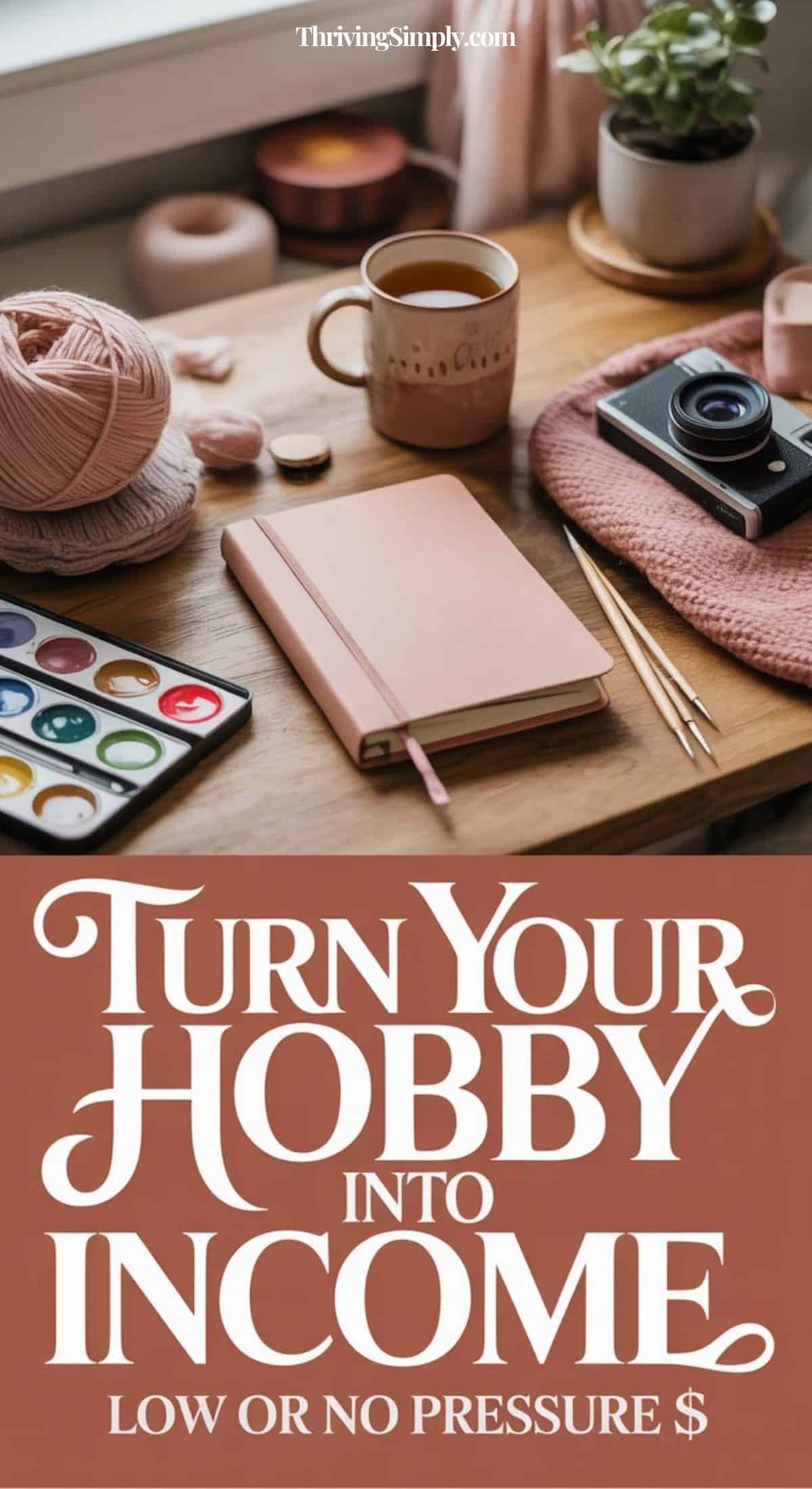 A cozy desk with yarn, a journal, watercolor paints, coffee, a camera, and a plant. Text below reads: Turn your hobby into extra income. Low or no pressure $.