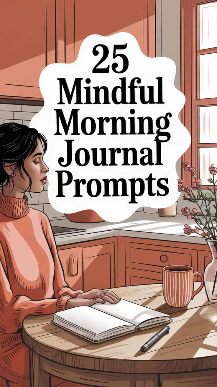 Illustration of a woman sitting at a kitchen table with an open journal, pen, and striped mug. Text reads, 25 Morning Journal Prompts. Warm colors and flowers in a vase create a cozy, inviting atmosphere for mindful reflection.