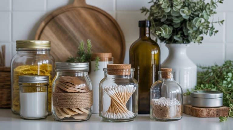 A collection of glass jars—perfect for upcycling ideas—holds cotton pads, swabs, and toiletries on a white counter, alongside an oil bottle, wooden cutting board, and a vase with green foliage for a tidy, natural look.