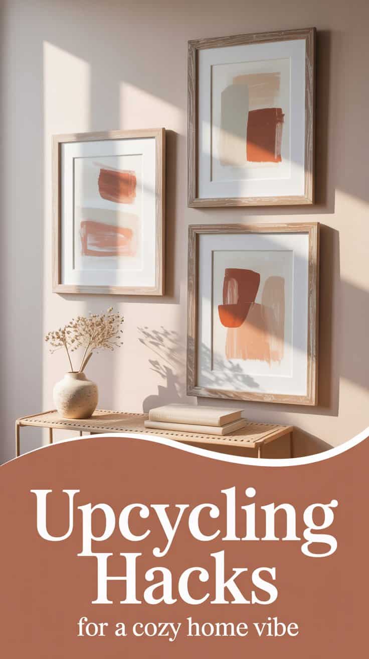 Three abstract framed artworks with earthy tones hang on a beige wall above a small table with a vase of dried flowers. Text at the bottom reads, Upcycling ideas and hacks for a cozy home vibe.