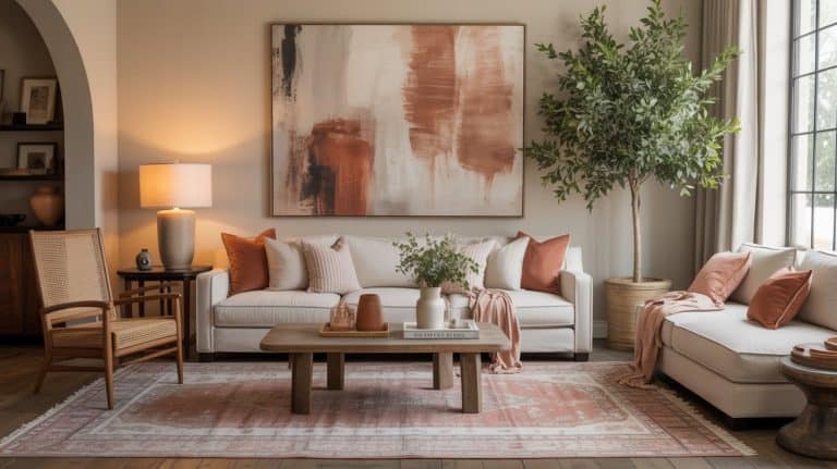 A cozy living room with neutral-toned sofas, peach and white cushions, a wooden coffee table, large abstract wall art, a tall potted plant, and warm lighting reflects the latest home decor trends.