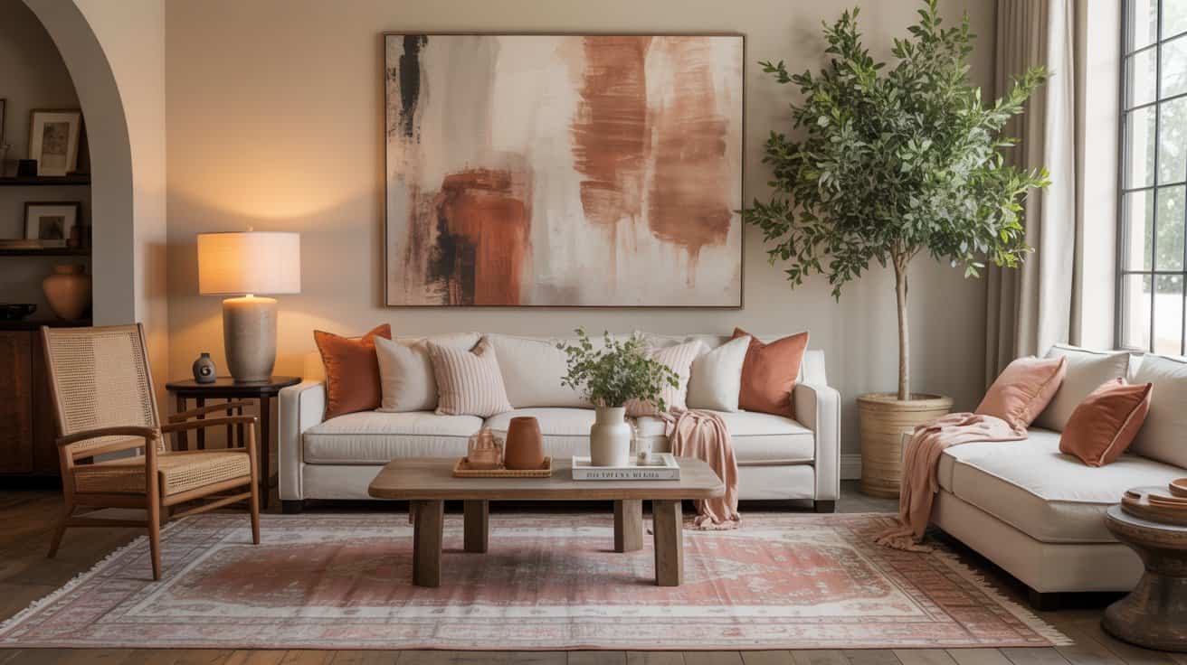 A cozy living room with neutral-toned sofas, peach and white cushions, a wooden coffee table, large abstract wall art, a tall potted plant, and warm lighting reflects the latest home decor trends.