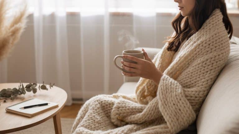 A woman wrapped in a chunky knit blanket sits on a sofa, holding a steaming mug. Beside her, a notebook for New Year’s Resolutions and a dried leaf arrangement rest on the coffee table. Soft light enters through sheer curtains, inviting a softer approach to the year ahead.