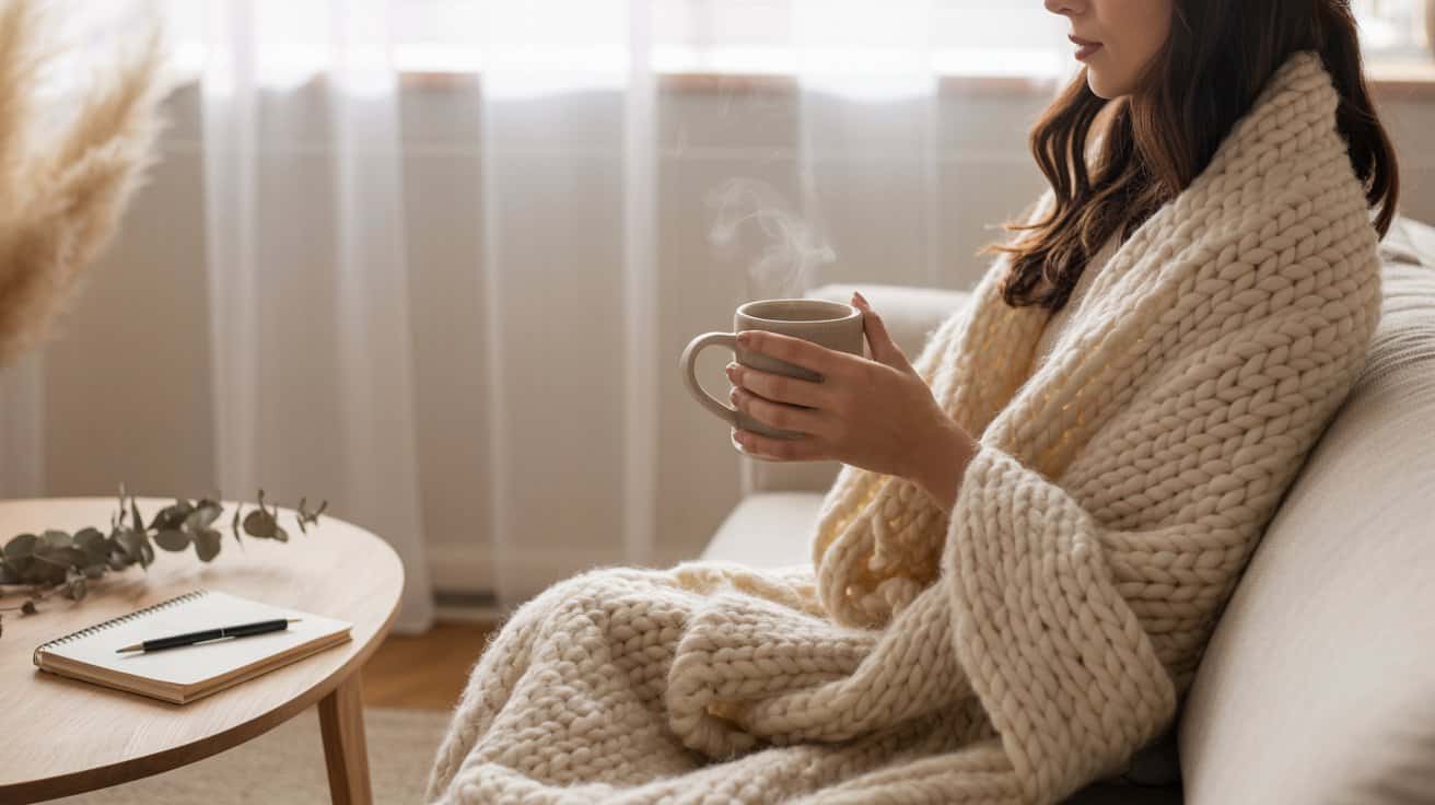 A woman wrapped in a chunky knit blanket sits on a sofa, holding a steaming mug. Beside her, a notebook for New Year’s Resolutions and a dried leaf arrangement rest on the coffee table. Soft light enters through sheer curtains, inviting a softer approach to the year ahead.