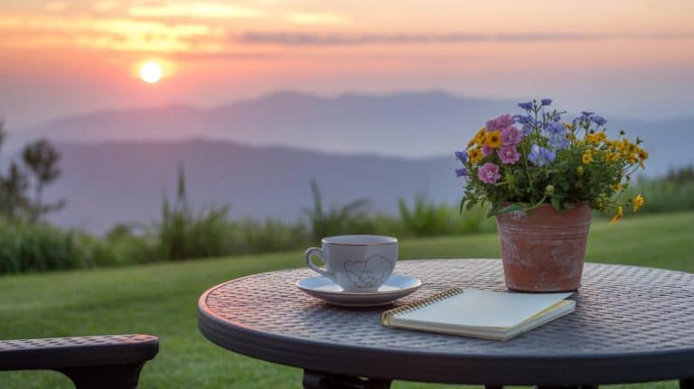 A round table outdoors holds a cup and saucer, a notebook with a pen, and a potted bouquet of colorful flowers—perfect for reflecting on morning habits as the sun rises over distant mountains and grassy hills.