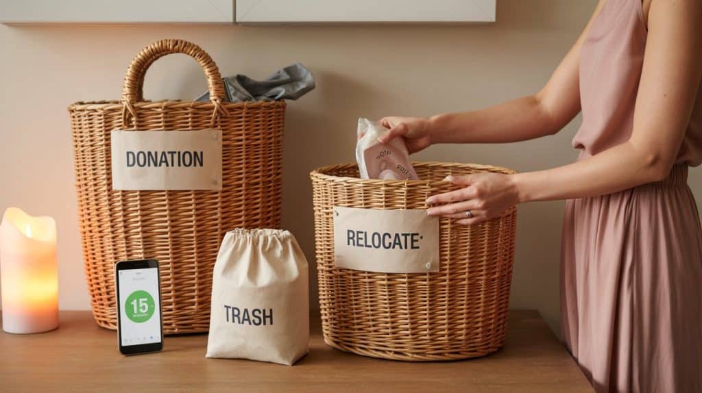 A person follows a decluttering routine, sorting items into three labeled wicker baskets: DONATION, RELOCATE, and a small bag marked TRASH. A lit candle and a smartphone showing the number 15 rest on the wooden surface nearby.