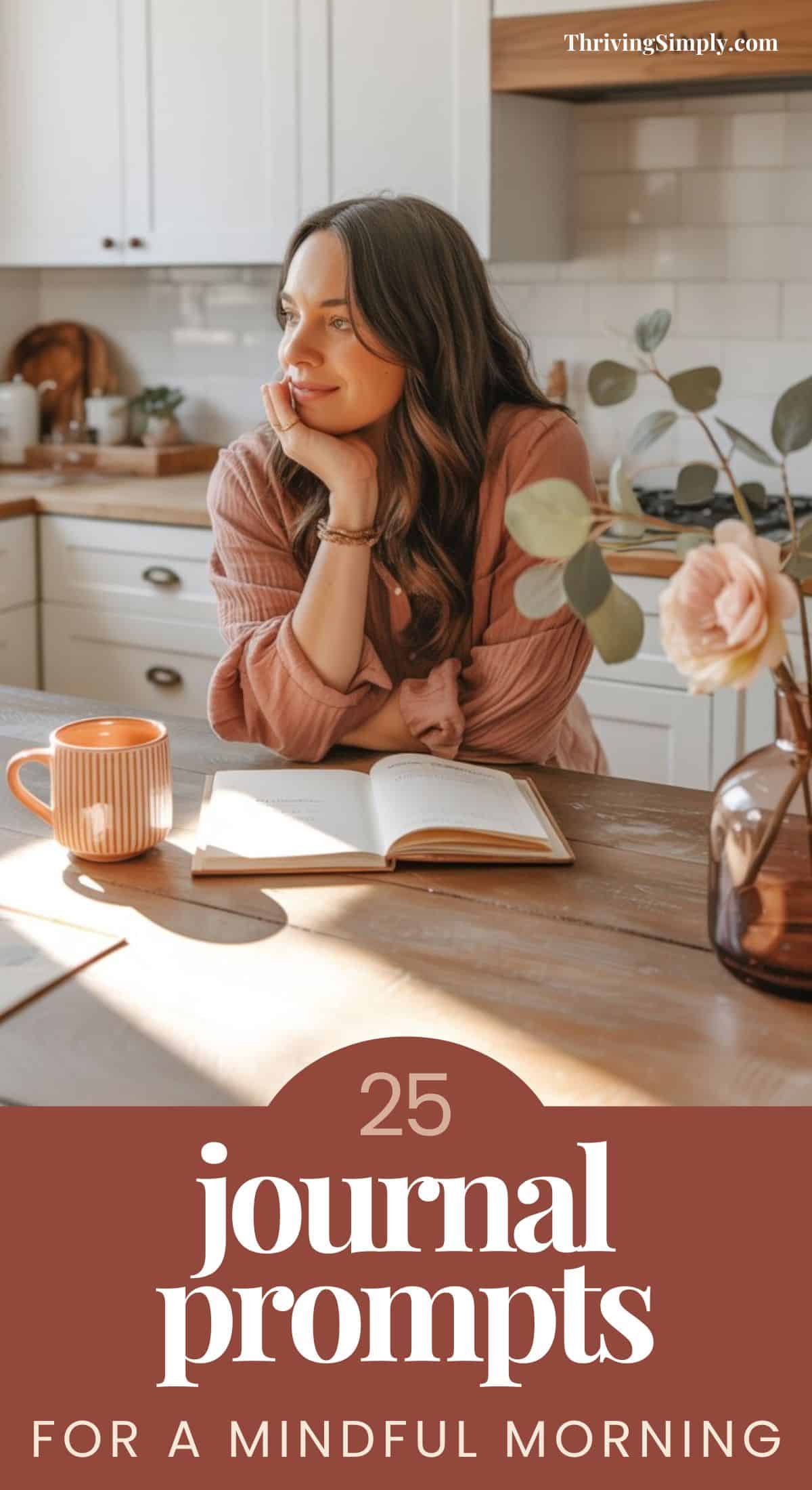 A woman sits at a kitchen counter with an open journal, a pen, and a mug, looking thoughtful. Text below reads: 25 Morning Journal Prompts for a mindful start. Soft, natural light fills the cozy kitchen.