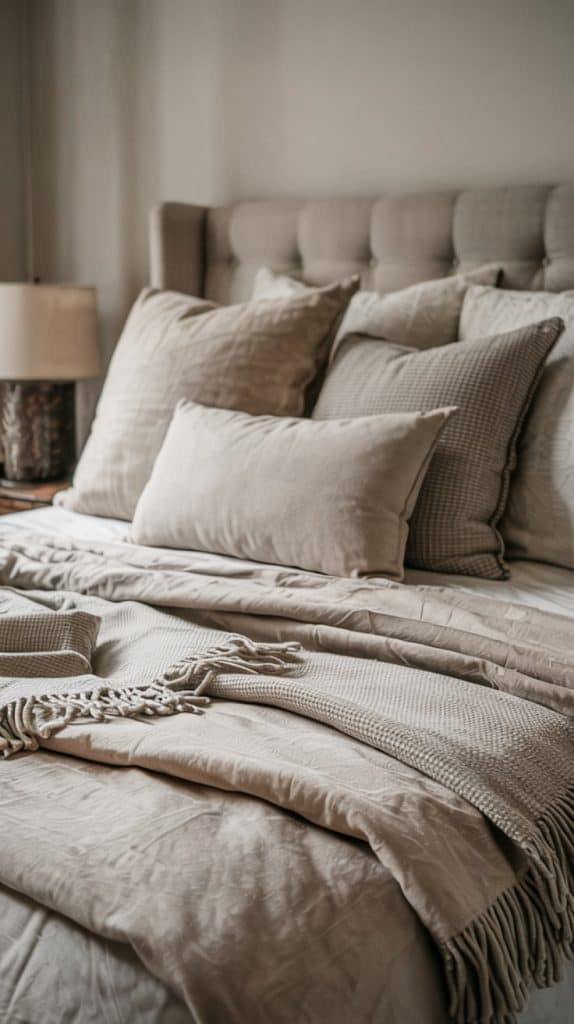 A neatly made bed with beige and taupe pillows, a tufted headboard, a fringed throw blanket, and a bedside lamp on a wooden nightstand creates a peaceful bedroom in this softly lit, cozy space.