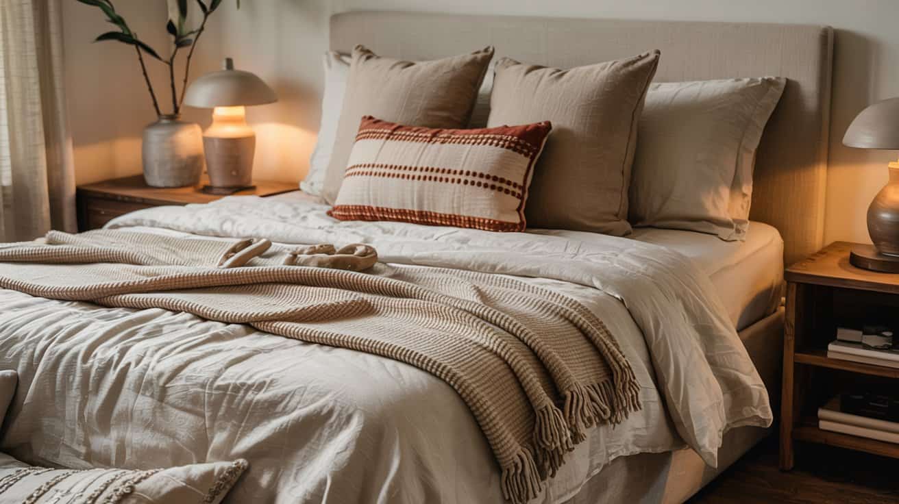 A cozy, neatly made bed with beige and brown pillows, a striped throw blanket, and soft lighting from two bedside lamps on wooden nightstands helps create a calm bedroom and a truly inviting, restful space.