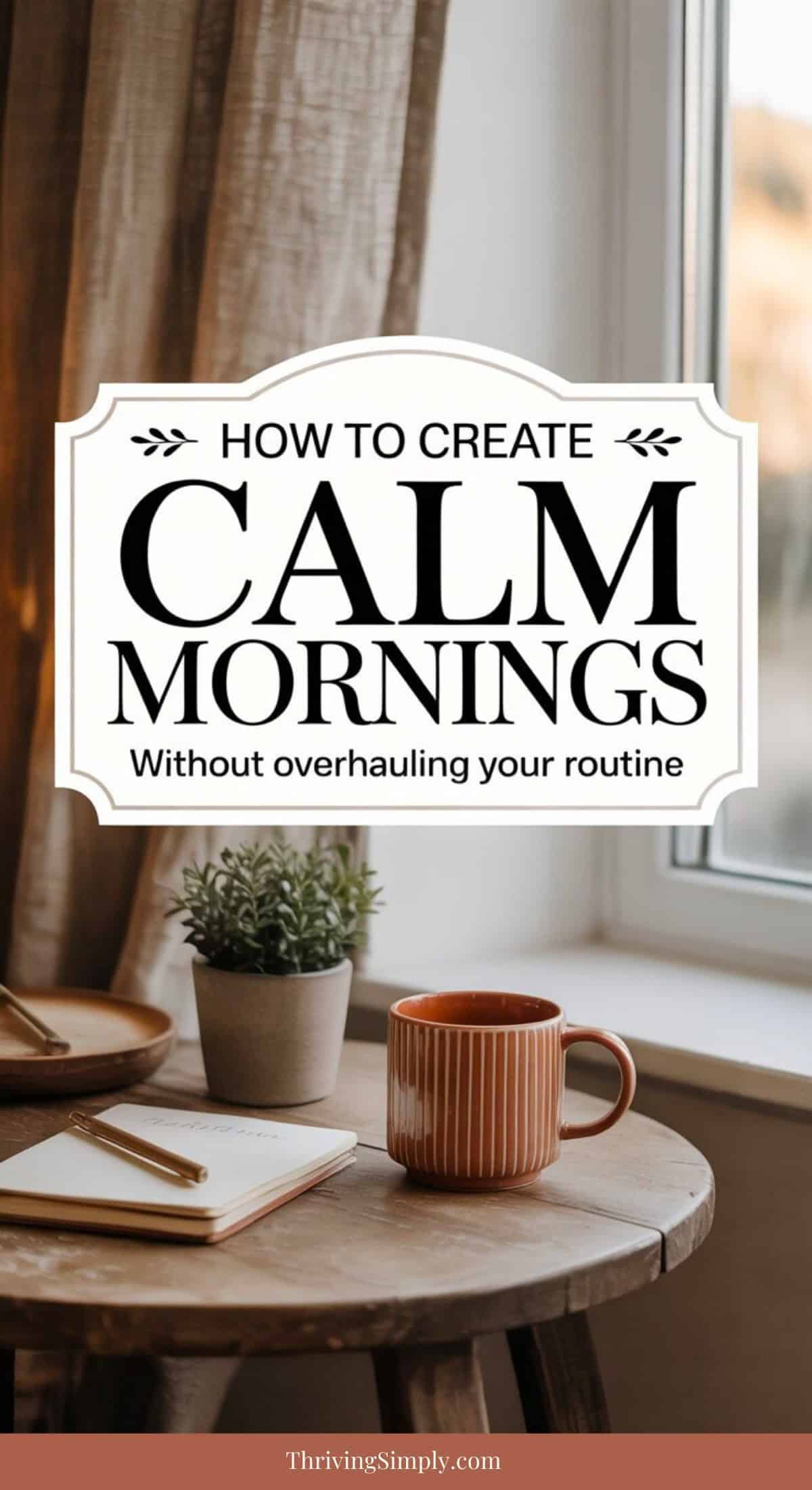 A cozy morning scene with a striped mug and potted plant on a round wooden table near a window, featuring a sign that reads, Quiet Morning Rituals: How to create calm mornings without overhauling your routine.