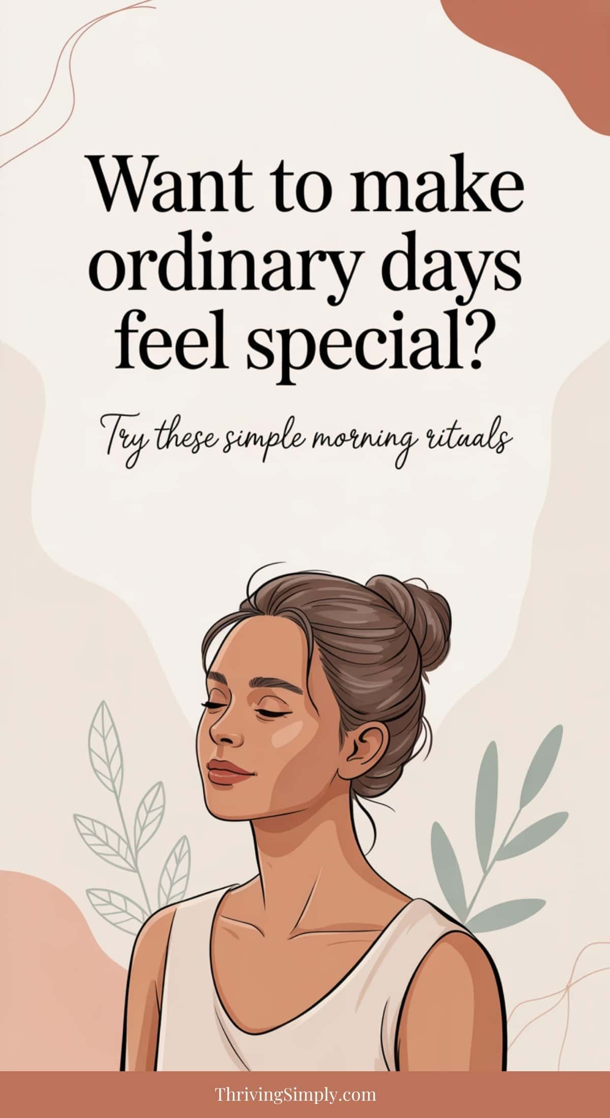 A woman with closed eyes appears calm, surrounded by abstract leaves. Text above reads, Want to make ordinary days feel special? Try these quiet morning rituals. Website name: ThrivingSimply.com.