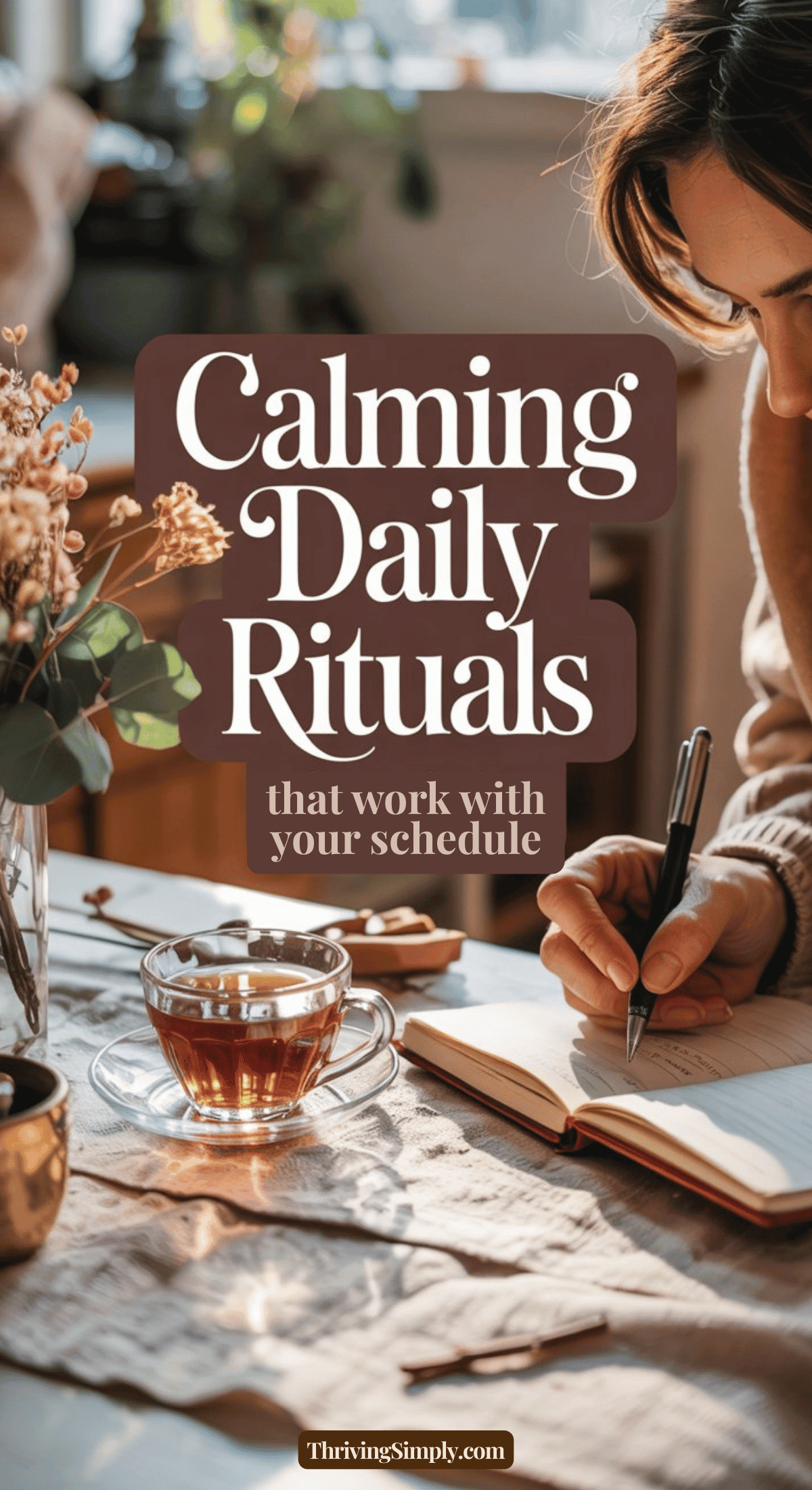 A woman writes in a journal at a table with a cup of tea, cozy decor, and sunlight. Text on image reads: Daily rituals for a calm life that work with your schedule. ThrivingSimply.com.