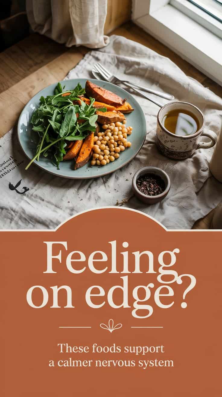 A plate with greens, roasted sweet potato, and chickpeas sits on a table by a window, beside a cup of tea. Text below reads: “Feeling on edge? Try these grounding foods to support a calmer nervous system.”.