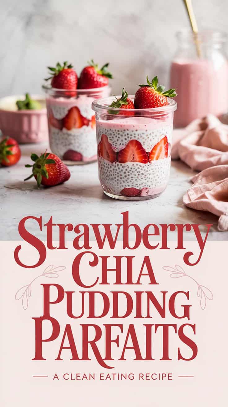 Two glass jars filled with layers of strawberry chia pudding, fresh strawberries, and chia seeds sit on a marble surface, with text below reading “Strawberry Chia Pudding Parfaits - A Clean Eating Dessert Recipe.”.