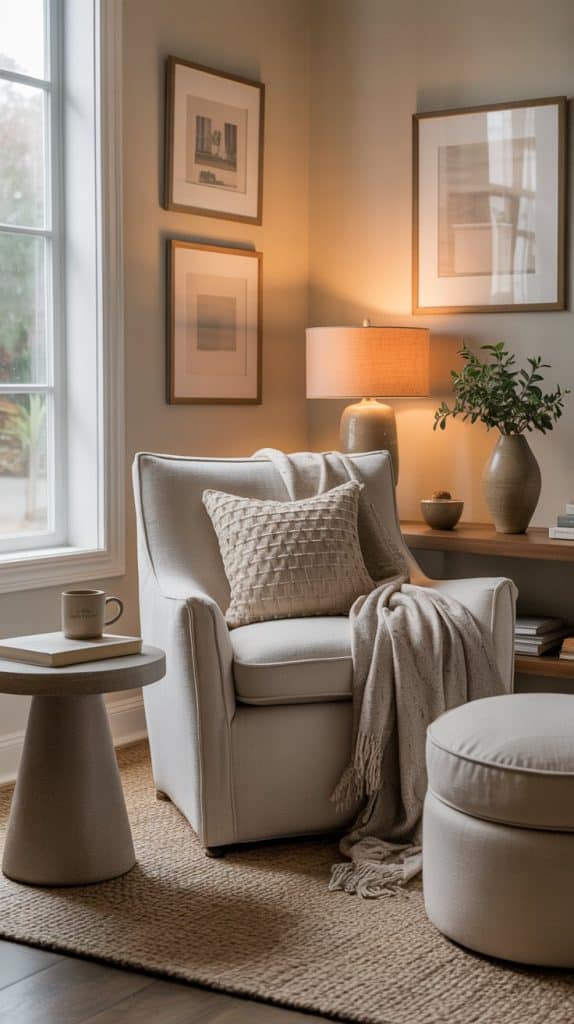 A cozy reading nook with a light armchair, knit pillow, and blanket creates a calm home vibe. Nearby are a round ottoman, small table with a mug, lamp, framed art on the wall, and a window letting in natural light.