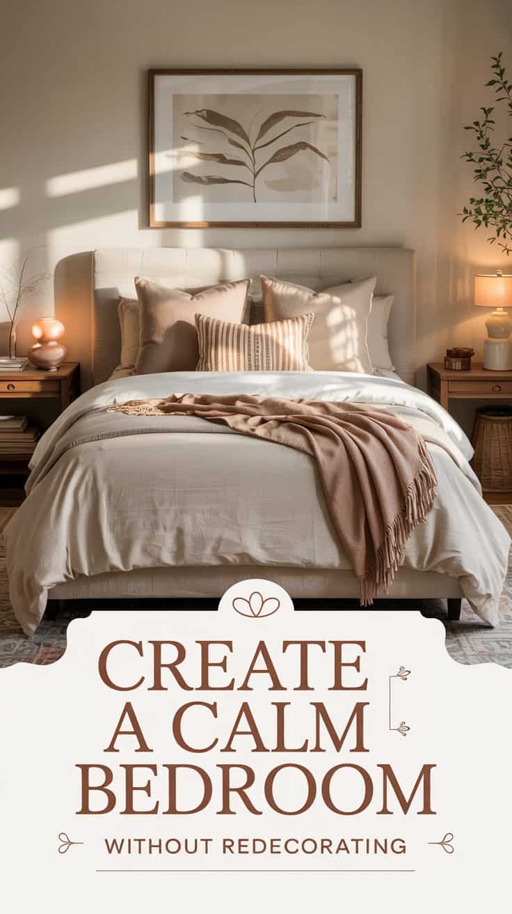 A cozy, neutral-toned bedroom with a neatly made bed, soft pillows, earth-toned throw blanket, bedside tables with lamps, a plant, wall art, and text: Create a restful space without redecorating.