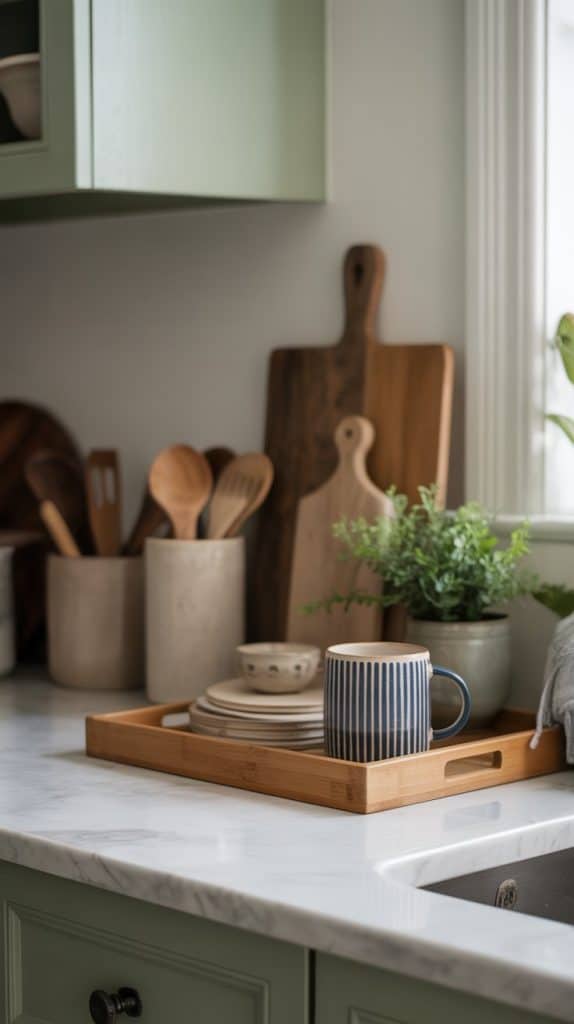 A cozy kitchen scene with a marble countertop, wooden utensils, cutting boards, and a potted plant evokes the calm home you crave for stress relief from overwhelming life, with stacked plates and a striped mug on a tray near the window.