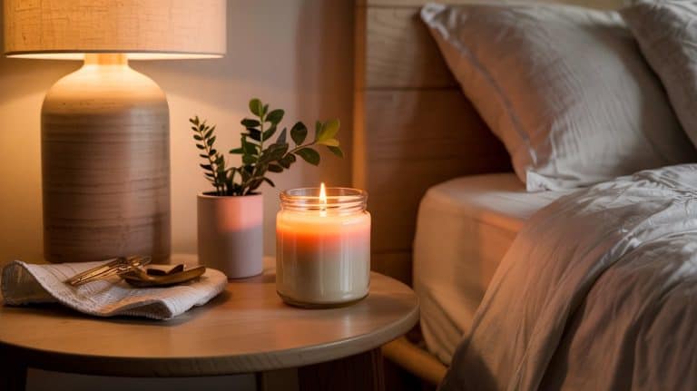 A lit Gentle Sleep Candle in a glass jar sits on a wooden nightstand next to a lamp, a potted plant, and folded cloths, creating the perfect calming night ritual beside a bed with white sheets and pillows in this cozy bedroom.