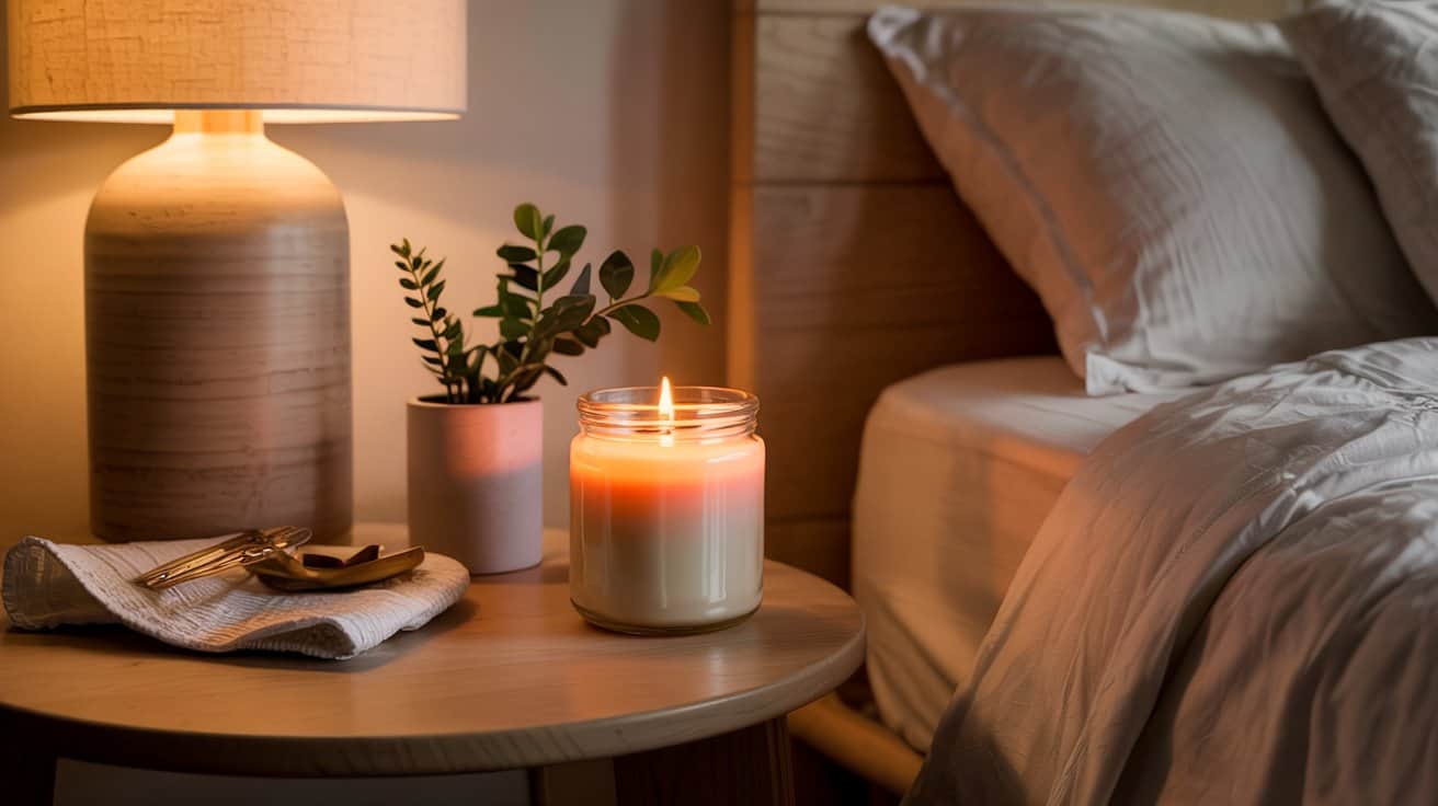 A lit Gentle Sleep Candle in a glass jar sits on a wooden nightstand next to a lamp, a potted plant, and folded cloths, creating the perfect calming night ritual beside a bed with white sheets and pillows in this cozy bedroom.