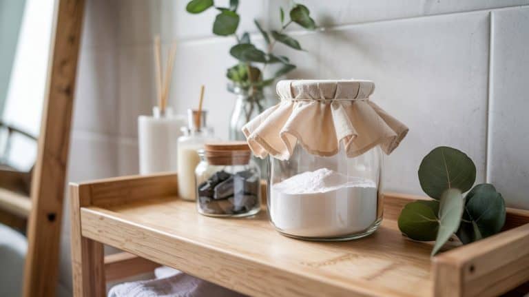 A glass jar filled with white powder, often used as an odor absorber, sits on a wooden shelf with a fabric lid. Surrounding it are jars with rocks, a white bottle with sticks, a candle, and green eucalyptus leaves against a tiled wall.