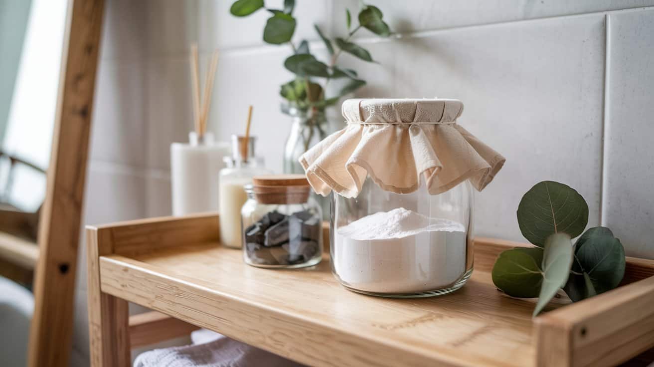 A glass jar filled with white powder, often used as an odor absorber, sits on a wooden shelf with a fabric lid. Surrounding it are jars with rocks, a white bottle with sticks, a candle, and green eucalyptus leaves against a tiled wall.
