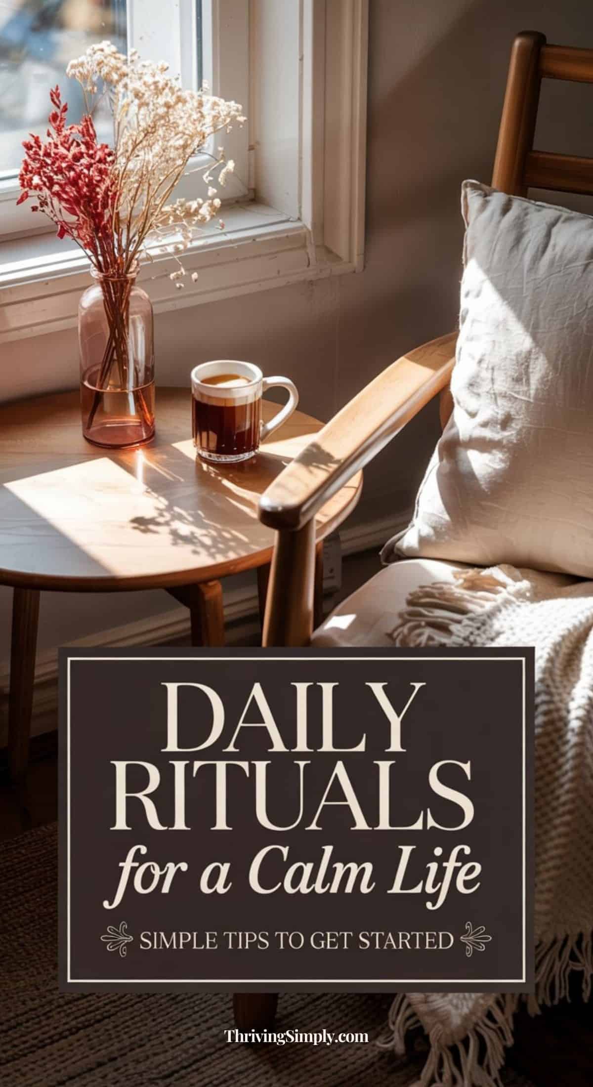 A cozy chair with a blanket beside a wooden table holding a mug of coffee and dried flowers. Sunlight streams in. Text reads: Daily Rituals for a Calm Life. Simple rituals and tips to get started.