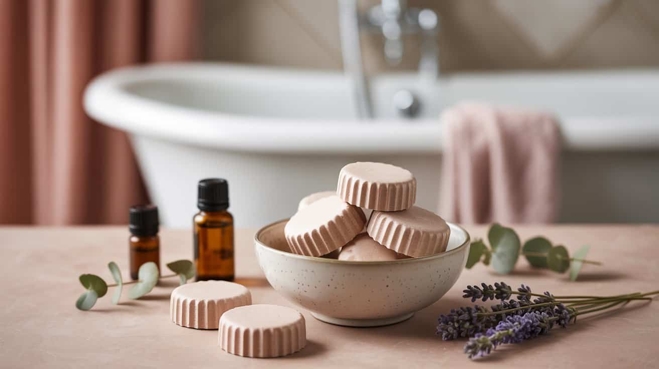 A bowl filled with round, light pink DIY Shower Steamers sits on a countertop, surrounded by sprigs of lavender, eucalyptus leaves, two small amber bottles, and a white clawfoot bathtub in the background.