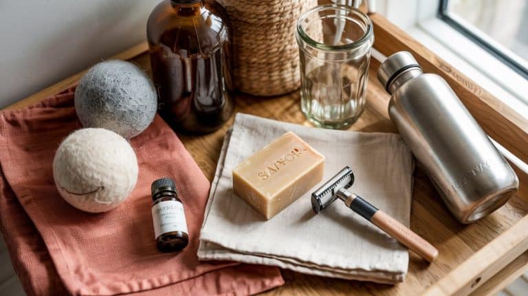 A wooden tray holds wool dryer balls, a glass jar, a brown bottle, savon soap, a safety razor, and more—stylish essentials that show how eco-friendly living can help simplify your life near a sunlit window.