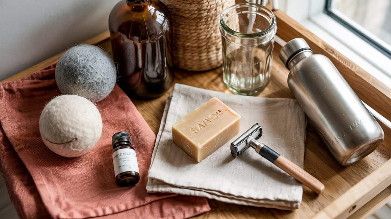 A wooden tray holds wool dryer balls, a glass jar, a brown bottle, savon soap, a safety razor, and more—stylish essentials that show how eco-friendly living can help simplify your life near a sunlit window.
