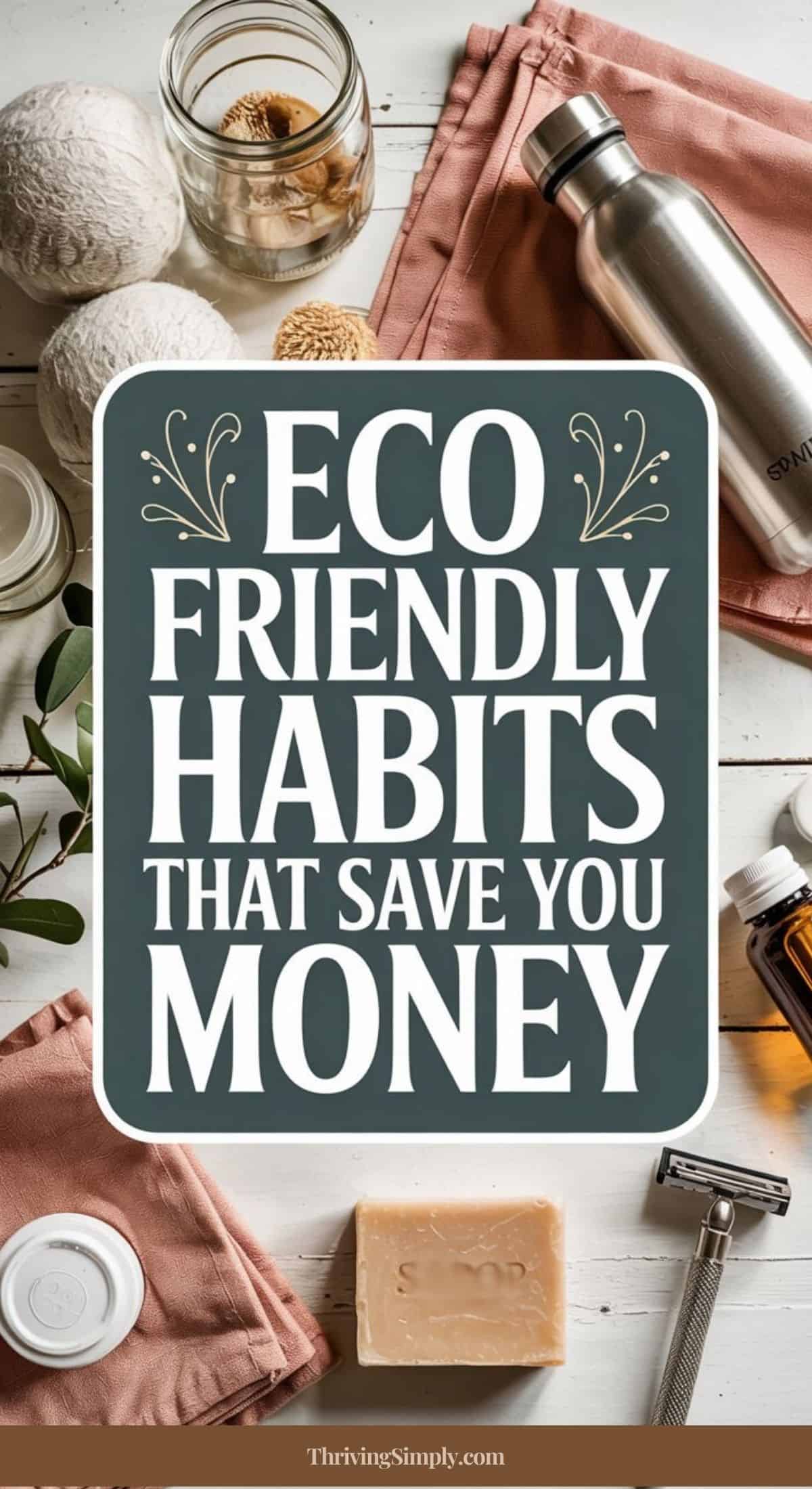 A sign reading Eco Friendly Habits That Save You Money is surrounded by items for sustainable living, including a reusable water bottle, bar soap, cloth towels, a glass jar, a safety razor, and small bottles on a white wooden surface.