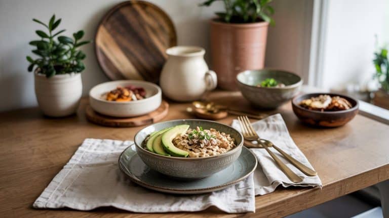 A bowl of oatmeal topped with avocado slices and microgreens sits on a neatly set table, surrounded by other bowls and plants—a cozy display of stress relief foods perfect to help calm your nervous system.