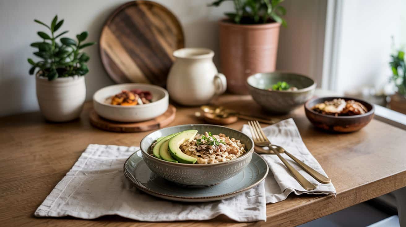 A bowl of oatmeal topped with avocado slices and microgreens sits on a neatly set table, surrounded by other bowls and plants—a cozy display of stress relief foods perfect to help calm your nervous system.