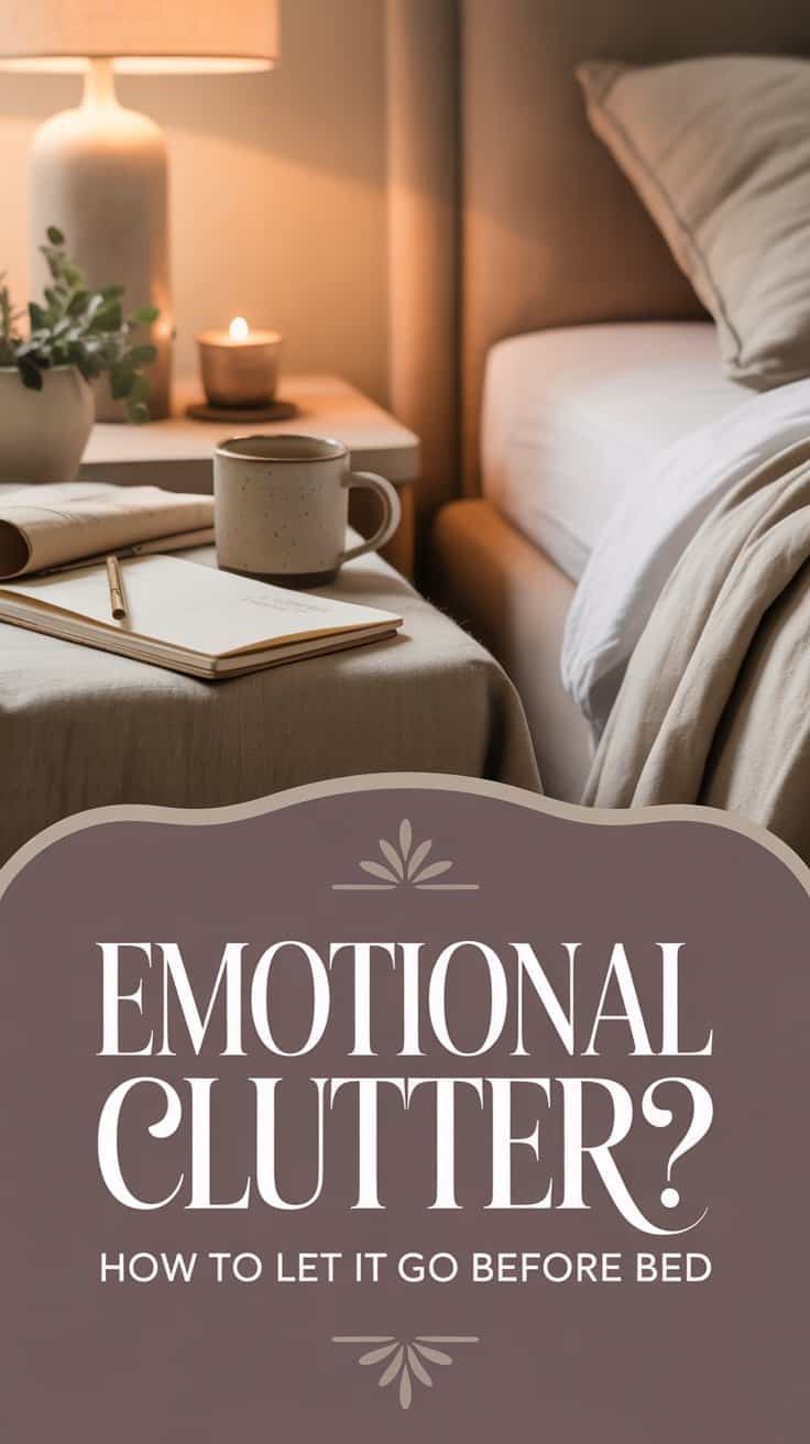A cozy bedroom scene with a neatly made bed, a bedside table holding a mug, journal, pen, plant, and lit candle. Text overlay reads: Emotional Clutter? Simple ways to let go of emotional clutter before bed.