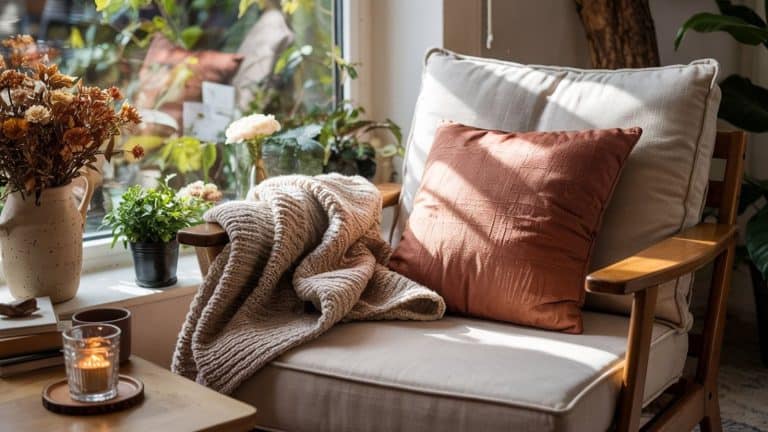 A cozy armchair with a beige cushion and rust-colored pillow sits by a sunlit window. Embracing simple living, a knitted blanket drapes over the armrest, surrounded by potted plants, dried flowers, and a lit candle on a wooden table.