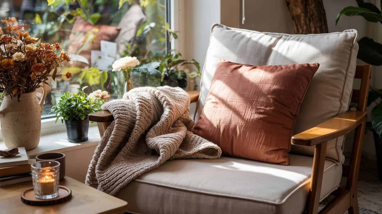 A cozy armchair with a beige cushion and rust-colored pillow sits by a sunlit window. Embracing simple living, a knitted blanket drapes over the armrest, surrounded by potted plants, dried flowers, and a lit candle on a wooden table.