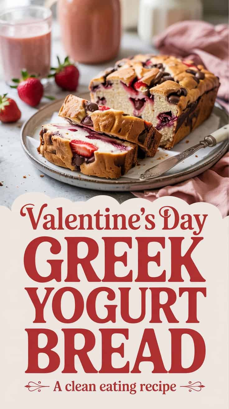 A loaf of strawberry Greek Yogurt Bread is sliced on a plate, with fresh strawberries, a glass of strawberry drink, and a pink napkin in the background. Text reads: Valentines Day Greek Yogurt Bread with Strawberry – A clean eating recipe.