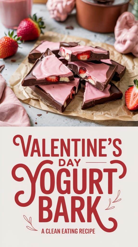 Stacks of dark chocolate and pink yogurt bark with fresh strawberries on parchment paper, surrounded by strawberry slices and a pink cloth. Text below reads: Valentine’s Day Yogurt Bark - A Clean Eating Recipe.