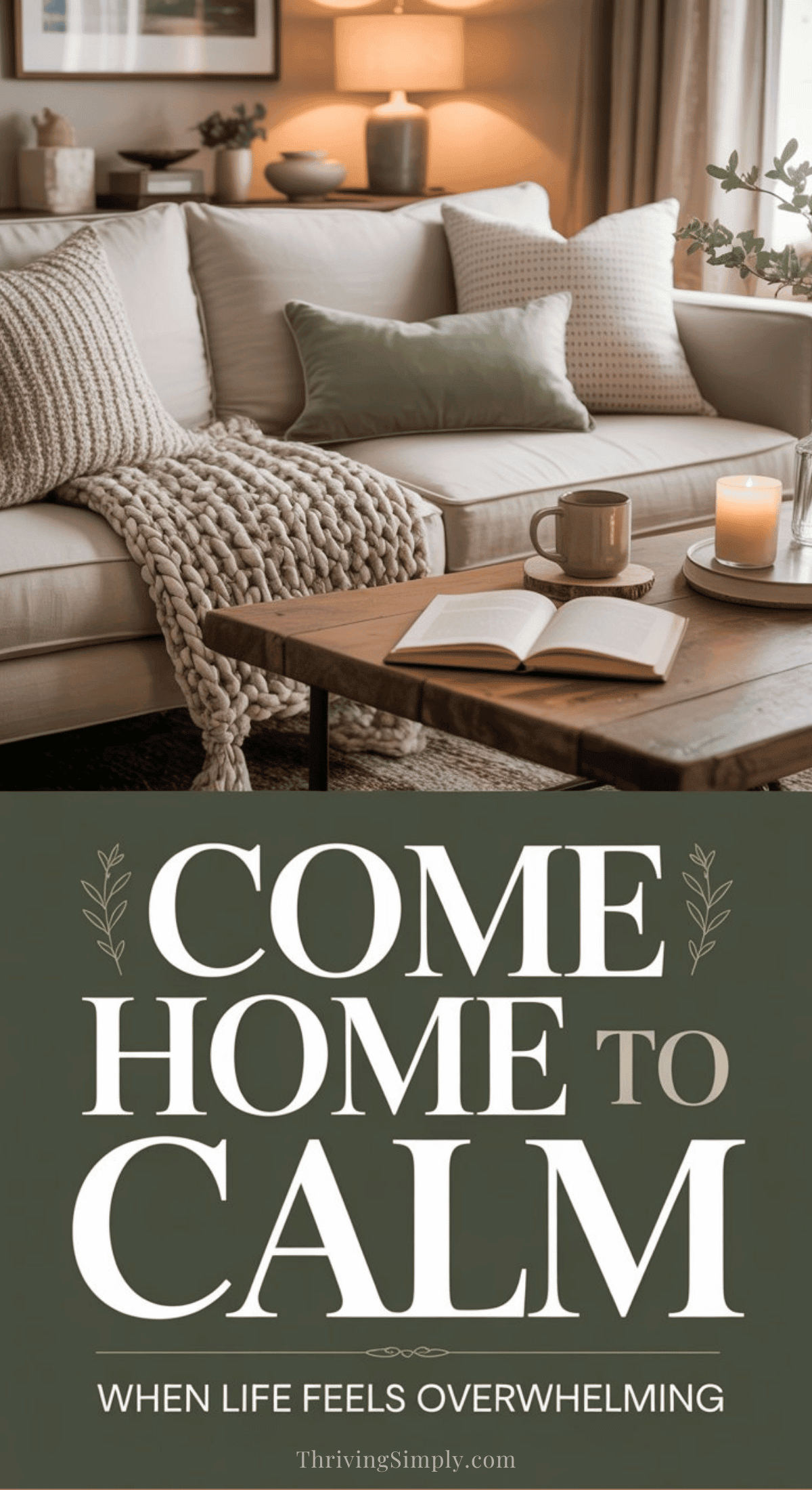 A cozy living room with a beige sofa, textured pillows, a knit throw, coffee table with a mug, open book, and candle. Text below reads: “Come Home to Calm. Discover peaceful living when life feels overwhelming.”.