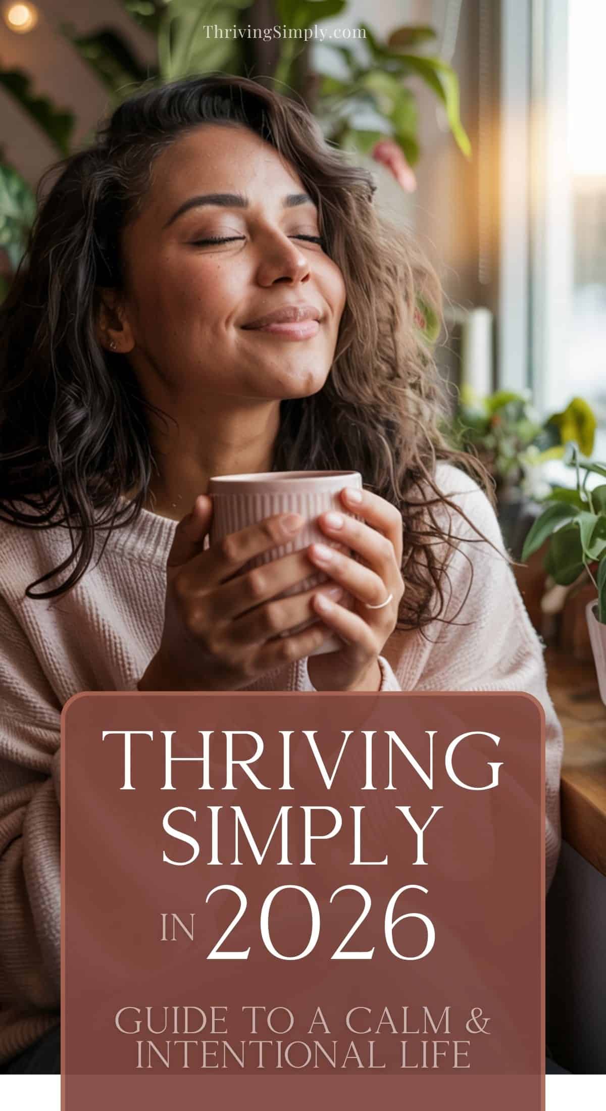 A woman with curly hair smiles with her eyes closed while holding a mug near a window. Text on the image reads, Thriving Simply in 2026: Guide to Simple Living & an Intentional Life.