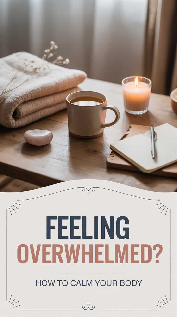 A cozy scene with a mug, notepad, pen, candle, and folded blanket on a wooden table. Overlay text reads: “Feeling overwhelmed? Reset your nervous system and calm your body.”.