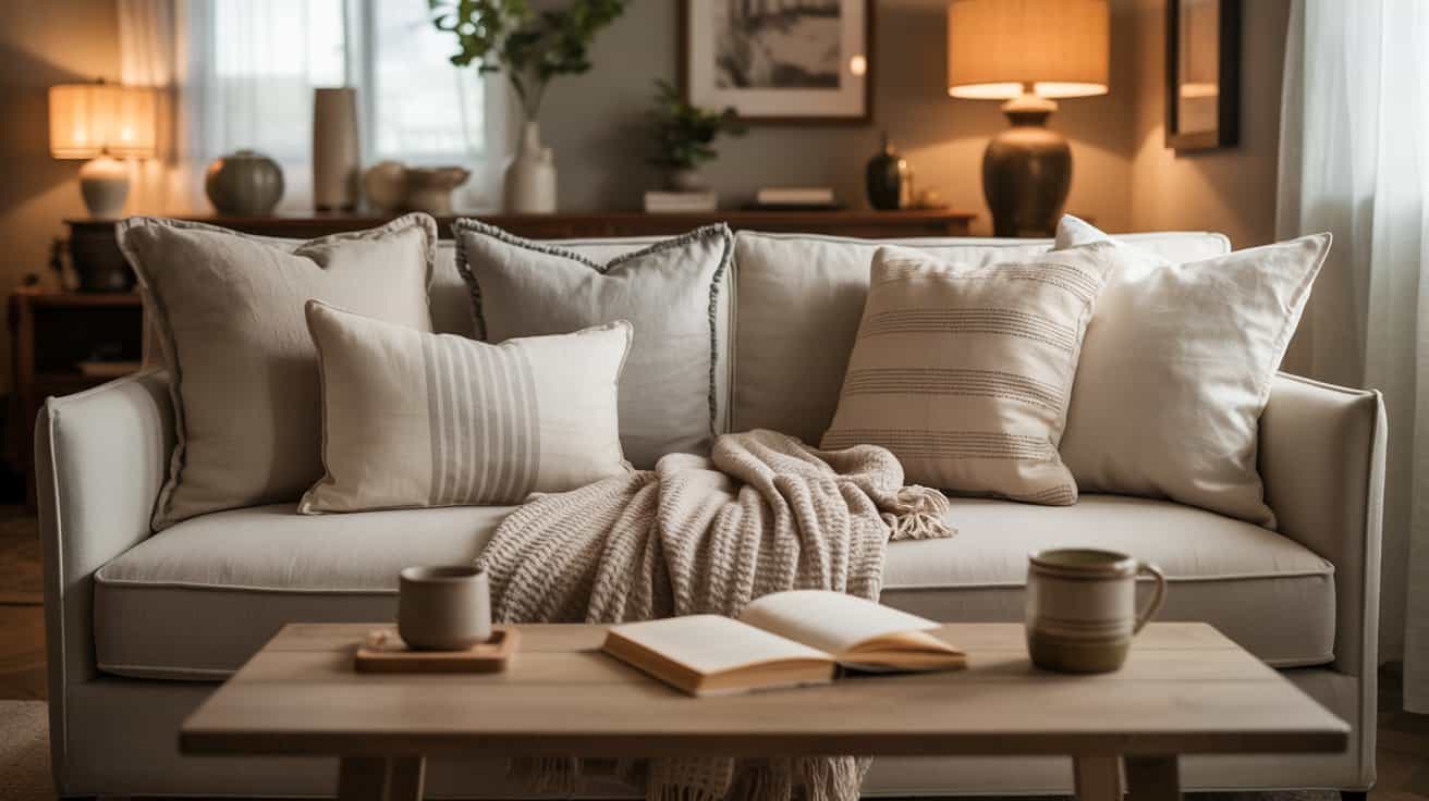 A cozy living room with a cream-colored sofa covered in neutral pillows and a knitted throw invites stress relief. A wooden coffee table holds two mugs and an open book, while soft lighting creates a warm, peaceful living atmosphere.